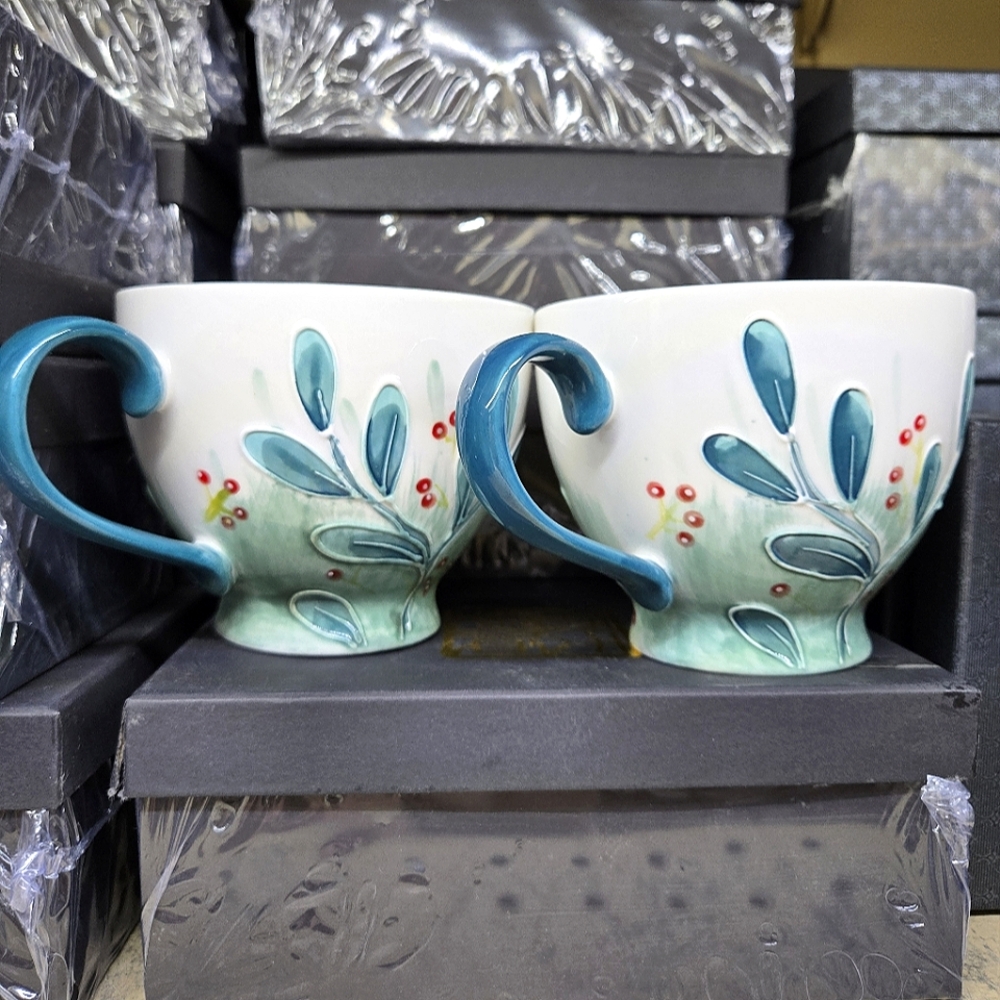 Ceramic Floral Leaf Large Soup Bowl Jumbo Mugs with Teal Handles Set of …